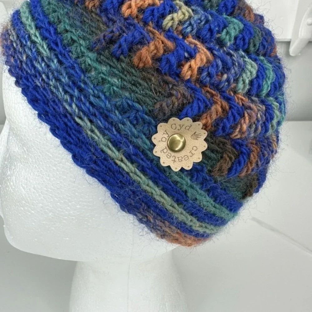 Created by Cyd Handmade Crochet Beanie Hat Blue Green Brown Boho Knit Cap NEW